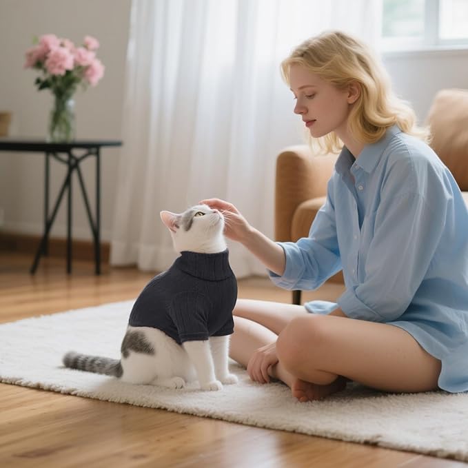Idepet Sphynx Hairless Cats Sweater Shirt Kitten Soft Puppy Clothes Pullover Cute Cat Pajamas Jumpsuit Cotton Apparel Pet Winter Turtleneck for Cats and Teacup Chihuahua Small Dogs(Black,L)