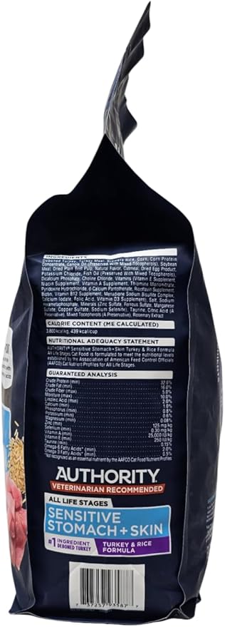Authority Sensitive Stomach and Skin Dry Cat Food, Turkey and Rice Formula, 7 Pound Bag