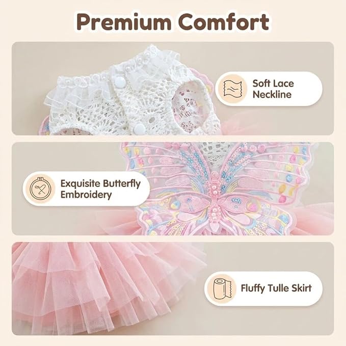 Fairy Dog Dress Cat Princess Outfit with Pink Tulle Skirt & Butterfly Wings, White Knit Top with Lace Collar, Pet Clothes for Small Dogs Cats Birthday Wedding Halloween14.3-17.6lbs(Pink,XL)