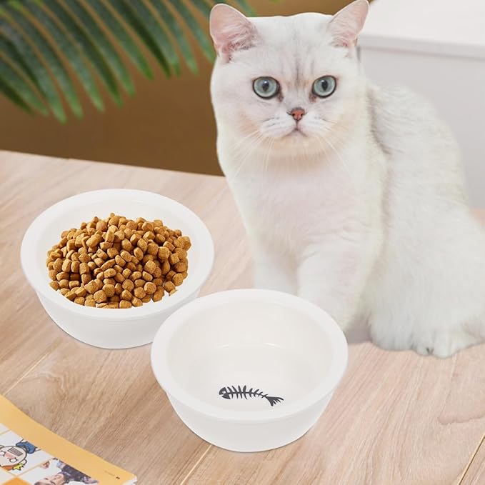 Gadpiparty 2Pcs Ceramic Pet Bowls Set for Dogs and Cats, Puppy Feeder and Cat Drinking Bowl, Bone and Fishbone Design, Suitable for Small Pets Feeding and Watering