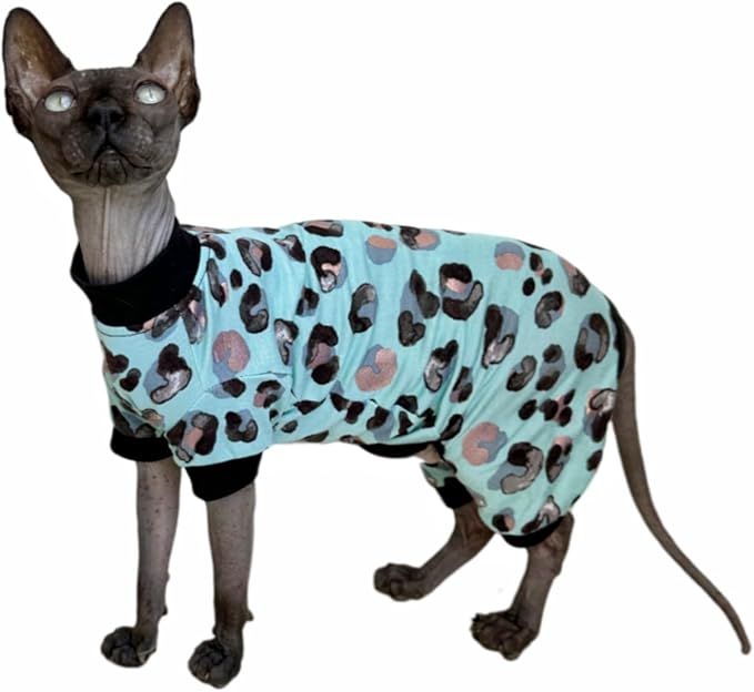 Sphynx Cat Four Leg Cotton Pajamas Elastic Pet Clothes for Hairless Cats Surgery Recovery Suit Undershirt Thermal Clothes for Sphynx, Devon, Cornish (Mint Leopard, M)
