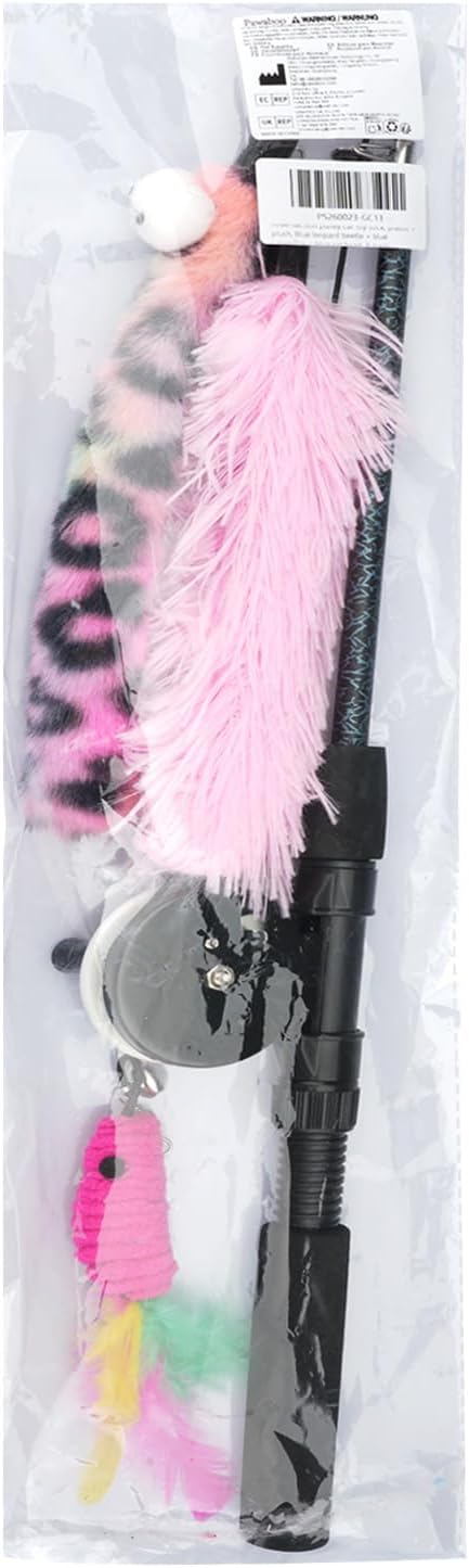 Pawaboo Cat Teaser Wand Toys, Cat Fishing Pole Toy with 3 Pack Feather Refills, 3-Section Retractable Kitten Feather Toys with Pulley, Indoor Cats Teaser Catcher Exerciser with Bell, Rose Red + Pink