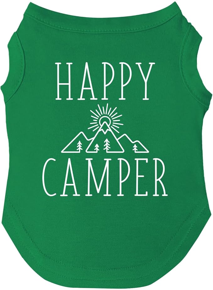 Happy Camping Dog Tee Shirt | Sleeveless Breeds | Summer | Outdoor Adventure | Travel | (Green, 3X-Large 278)