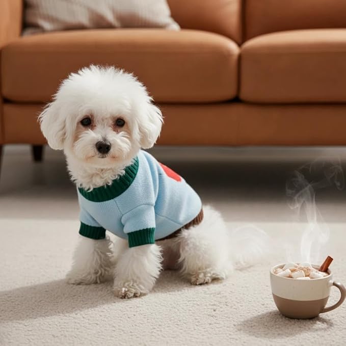 Winter Pet Knit Sweater - Light Blue with Red Fruit Print, Cozy Dog Cat Clothing, XS/S/M/L/XL Sizes(Medium)
