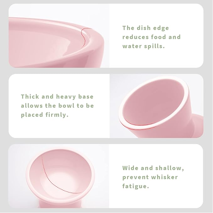 CEEFU Extra Wide Elevated Ceramic Cat Bowl, 6.2" Shallow Dish for Whisker Fatigue Relief, 5" Height for Easy Feeding, Durable Raised Cat Food Bowls, Pack of 2, Pink