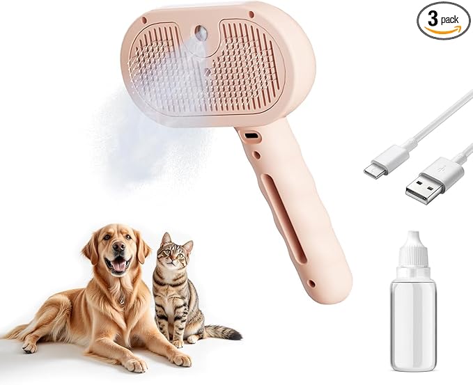 Pet Steam Brush for Dog and Cat，3 in 1 Spray Hair Removal Comb，Steam for Shedding & Grooming，Water Brush for Long and Short Haired Pets Remove Tangled Loose Hairs (Pink)