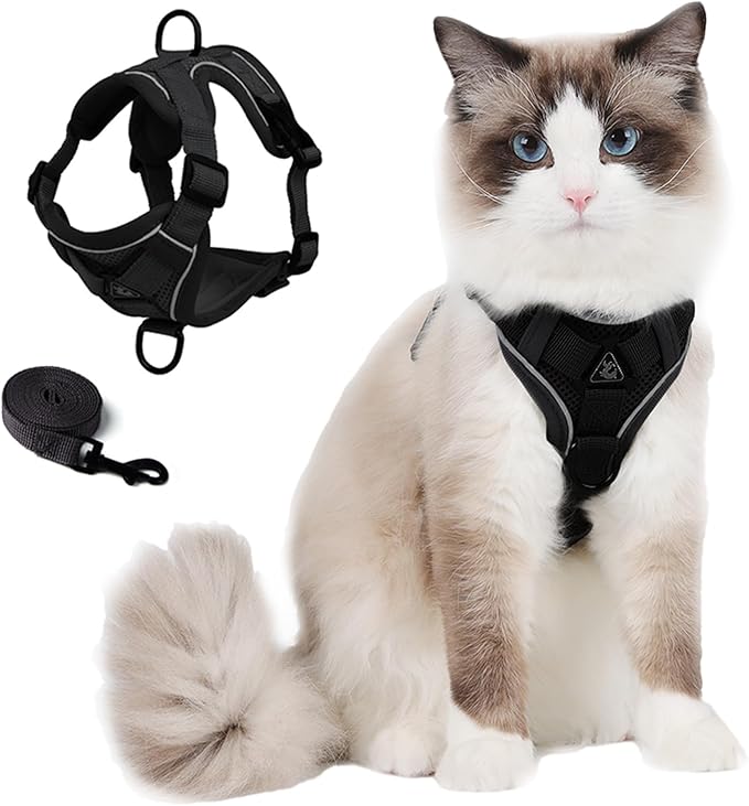 Skmeditec Cat Harness and Leash Set: Upgraded Escape Proof Vest with Lead for Large Cat Small Dog Puppy Walking, Soft Jacket Reflective Strips, Black (L)