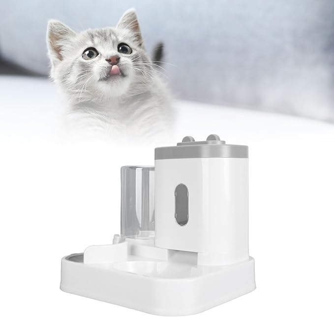 2 in 1 Automatic Cat Feeder and Water Dispenser, Large Capacity Self Feeding Dog Food Dispenser Gravity Food Bowl with 1l Water Tank for Multiple Pets (Gray)