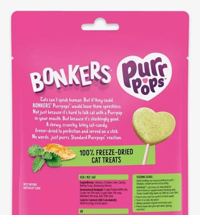 Bonkers Purrpops, Freeze Dried Crazy for Catnip Recipe Flavored Lollipop Cat Treats, for All Breeds and Ages 8 Pieces (2 Packs) with Cat Spring Toys