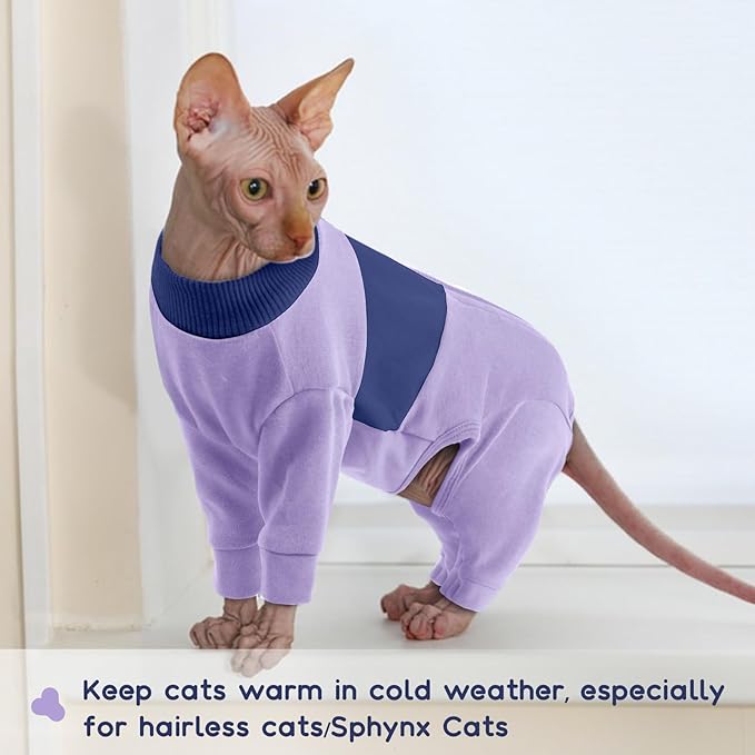 QBLEEV Cat Clothes, Soft Cat Sweaters for Cats Only, Kitten Surgery Recovery Suit Onesie Pajamas, Four Legs Cats Shirts Apparel Clothing for Hair Loss Prevention, Purple, S