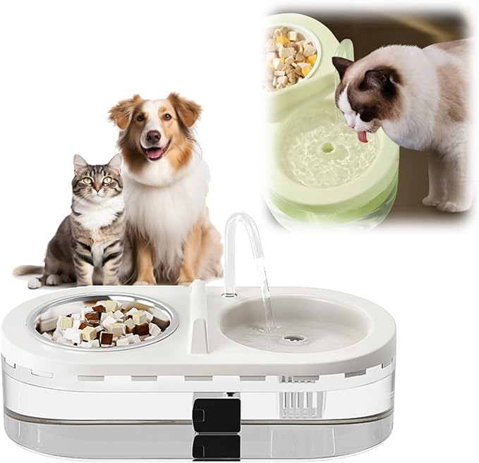 Cat Fountain Water Bowl Stainless Steel, 2 in 1 Automatic cat Feeder for Pets Dogs, Puppies, Kittens (White, S)