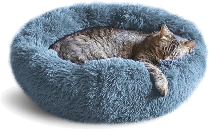 Whiskers & Friends Cat Beds for Indoor Cats, Fluffy Calming Donut Cat Bed, Small Dog Bed Washable - Orthopedic Soft Plush Pet Beds Sized for Kitten to Large Cats & Puppy to Small Dogs - Navy Grey 20''