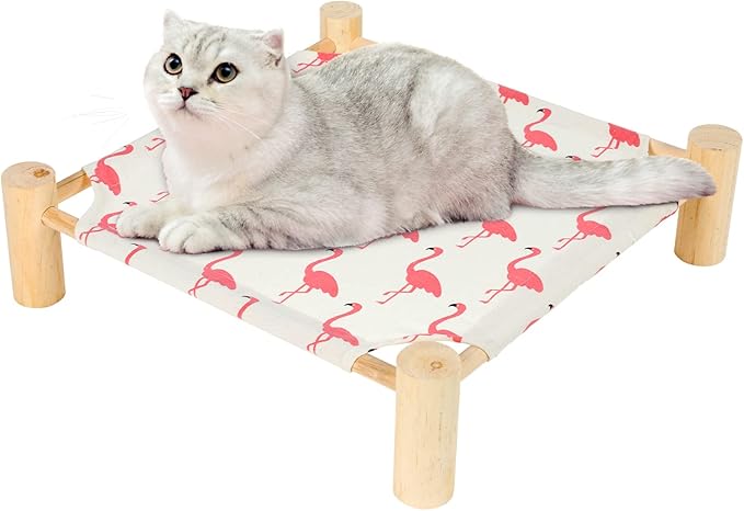 Patas Lague Cat and Dog Hammock Bed for Small Dogs, Brethable Wooden Cat Pet Rabbit Elevated Cooling Outdoor Bed Cots Furniture for Summer Flamingo