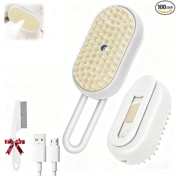 2025- New cat steam brush, 4-in-1 cat steam brush, for massaging and cleaning fallen pet hair, suitable for cats, dogs, rabbits and other pets (khaki + white) -2 pieces (white)