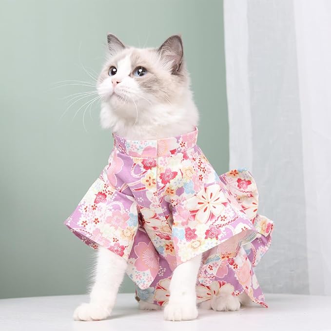 Cute Cat Kimono Dress SakuraFlower Pattern with Bowtie Pet Photo Cat Halloween Costume Cat Princess Cute Cat Outfit (Purple,M-7to12lb)
