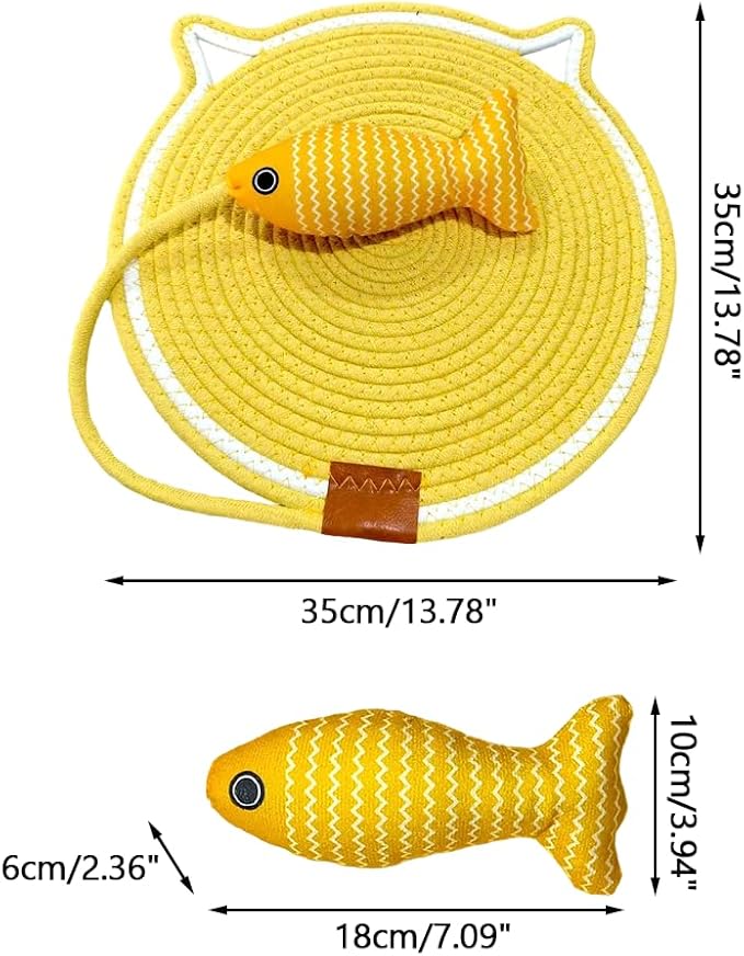 Cat Scratcher Mat Cotton Rope, Round Woven Scratch Pad with Fish Toy, Wear-Resistant Cat Bed Mat with Hanging Loop for Sleeping Scratching Furniture Protects