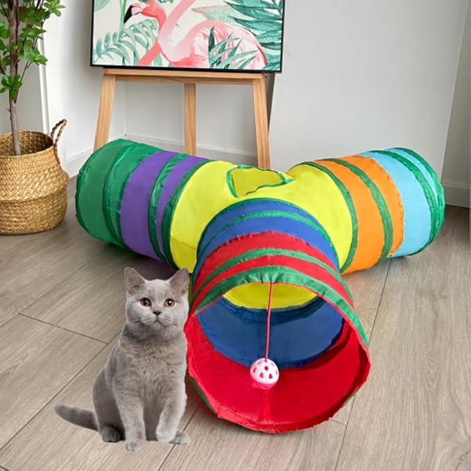 Cat Tunnel Tube Toy Collapsible 3 Way Rainbow, Pet Tunnels for Indoor Cats, Play Tubes with Hanging Ball Perfect for Kittens, Puppies, Rabbits, Interactive Toys for Fun Playtime & Exercise