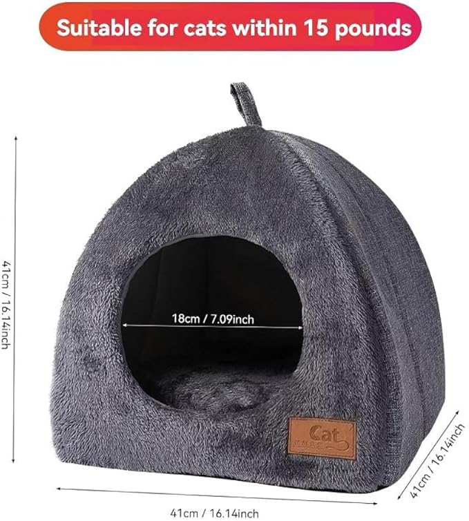 Cozy Plush Cat Cave Bed, Gray, Indoor Self-Warming Enclosed Pet House with Non-Slip Bottom