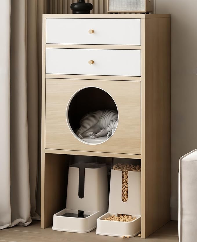 Multi-Function Cat House Furniture, Solid Wood Cat Condo with Storage Drawer, Pet Bed & Feeding Area, Compact Cat Cabinet (Natural & White,19.6" L*15.7" W*41.3" H)