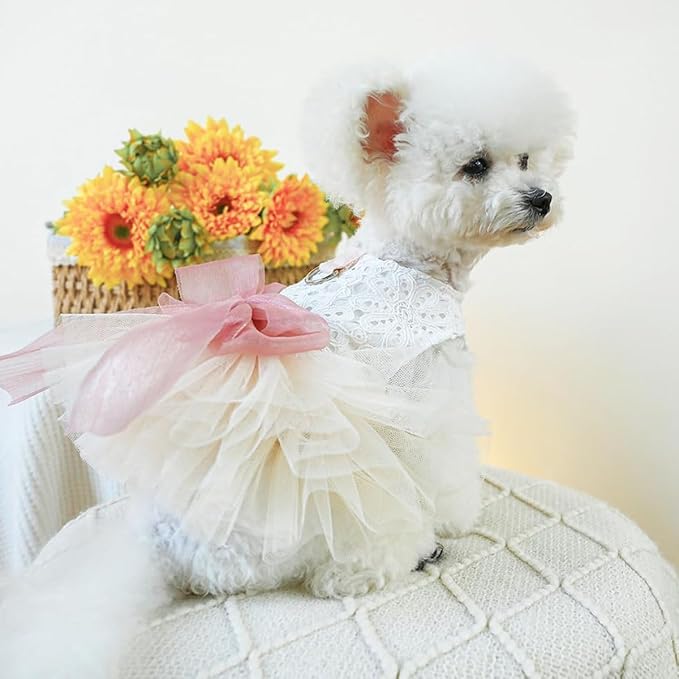 Dog and Cat Girl Bow Dress, White Dog D-Ring Wedding Dress with Pink Bow, Cat Birthday Set, Chihuahua York Pomeranian Cat Pet Party Dress (Pink Bow-Princess, Large)