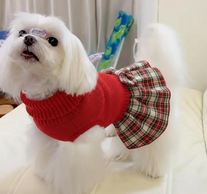 Lanyarco Burgundy Red Knitted Dog Sweater Dress, Plaid Dog Winter Clothes for Dogs Girl, Dachshund Doggy Pet Apparel, Red, Large (L)