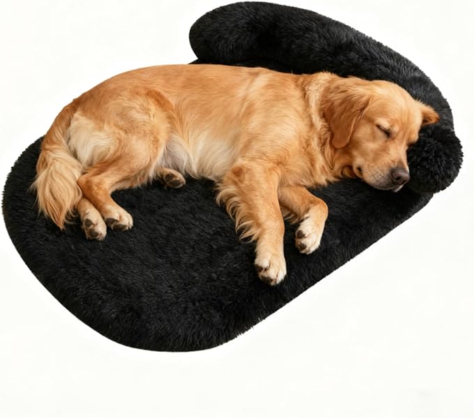 Orthopedic Dog Bed with Egg-Crate Base, Calming Dog Beds Fluffy Plush Faux Fur with Raised Edges, Spine Friendly Pet Sleeping Mat for Medium Large Dogs, Machine Washable (Oval, Black 40"x30")