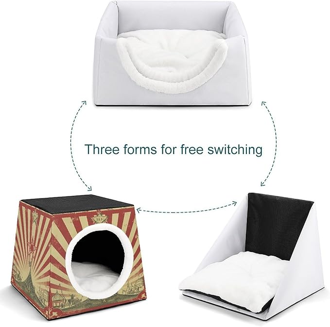 Cat Cave Cat Beds for Indoor Cats Vintage Circus Background Foldable Cat Hideaway with Washable Cushion and Non-Slip Base