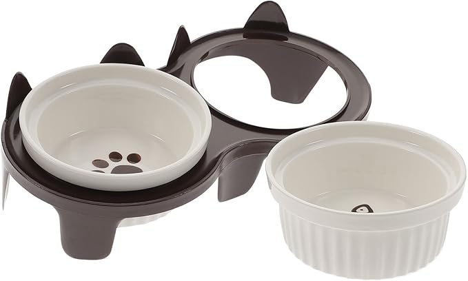 ERINGOGO Ceramic Elevated Cat Food Bowl Set with Anti-Slip Rack, Thickened Brown Double Bowls for Indoor Cats, Raised Floor Pet Feeding and Watering Station