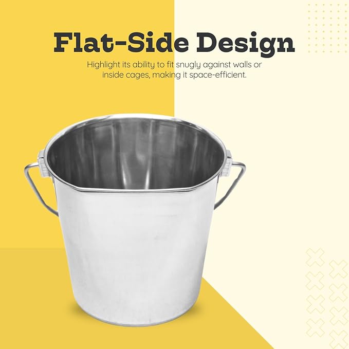 9 quart Stainless Steel Flat Side Bucket | 2.25 gal Durable Heavy Duty Food & Water Feeding Pails for Dog Goat Sheep horse | Fits kennel Cage Critter Crate Hanging Pet Pail | Multipurpose