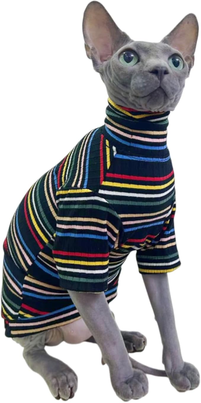 Turtle Neck Vintage Stripes Sphynx Hairless Cat Cotton T-Shirts Pet Clothes Vest Kitten Shirts Sleeveless, Cats & Small Dogs Apparel (Dark Rainbow, M (5-6.5 lbs))