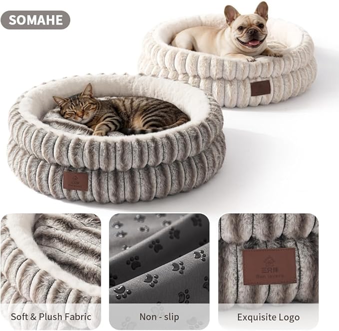 SOMAHE Cat Bed, Round Plush Faux Fur Donut Cuddler – Machine Washable Calming Cat Bed for Indoor Cats & Kittens, Removable Cushion Non-Slip Fluffy Kitten Bed, Cozy Small Cat Nest, 20" Inch Coffee