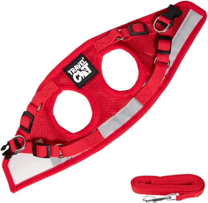 Travel Cat Harness and Leash Set - Adjustable Fit Mesh Cat Harness and Reflective Strap - Comfort Walking Vest for Kitten for Outdoor Walking, Hiking (Large, Red)