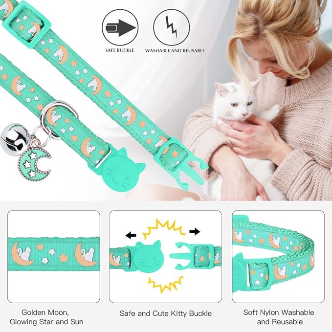 Baeuppit 2Pcs Breakaway Cats Collars Cat Collars for Boy & Girl Cats Adjustable Kitten Collars with Bell,Pink+Teal,8"-13.1"