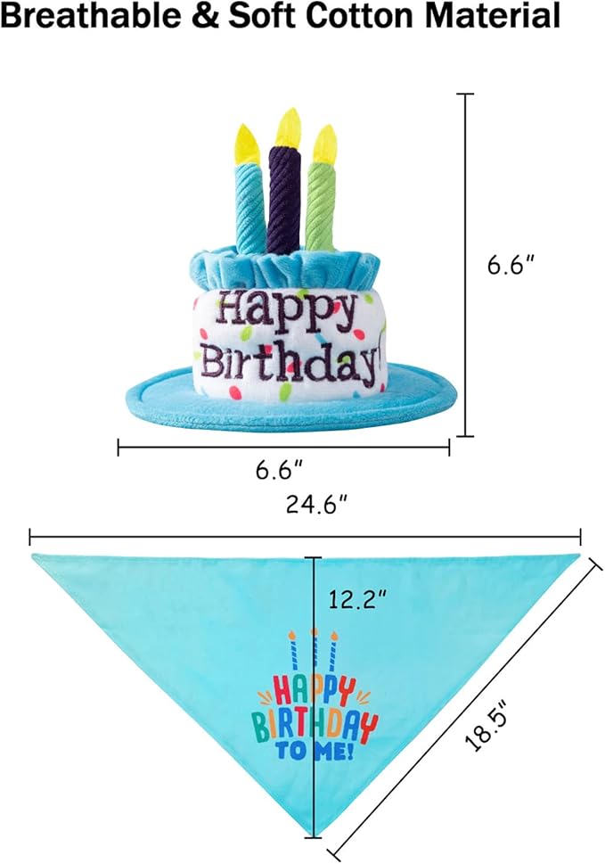 Cat Happy Birthday Cake Hat & Bandana Scarfs Set with Colorful Candles for Small Animas, Cat Birthday Party Supplies Decorations (Blue)