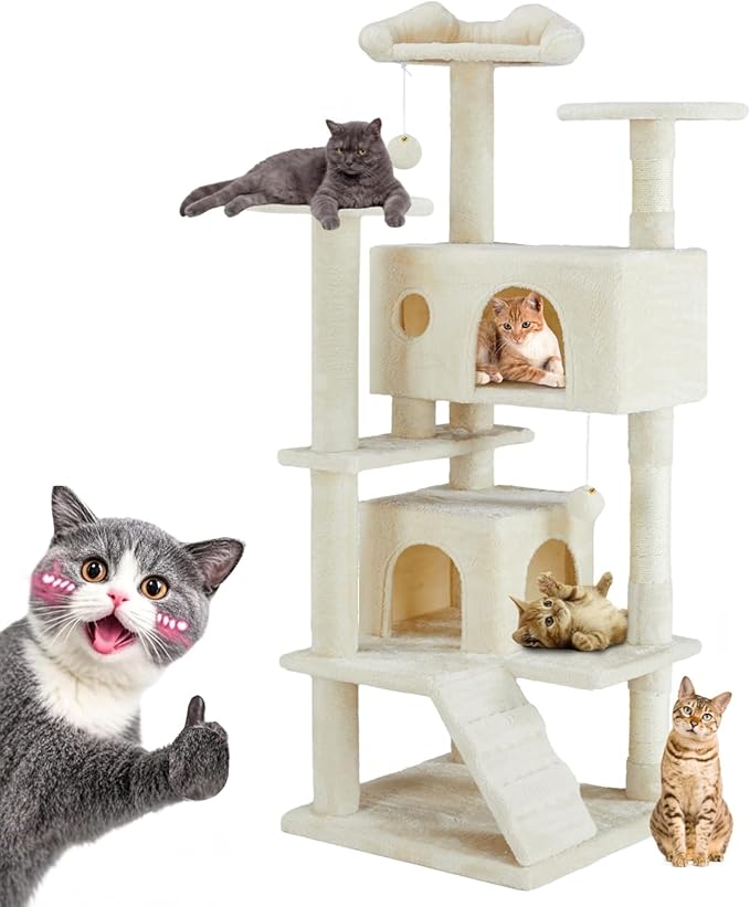 FluffyDream Cat Tree Tower for Indoor Cats, 54 Inches Multi-Level Activity Cat Tree with Sisal Scratching Posts Cat Play House Large Kitten Condo Funny Toys Climbing Ladder, Beige,Premium