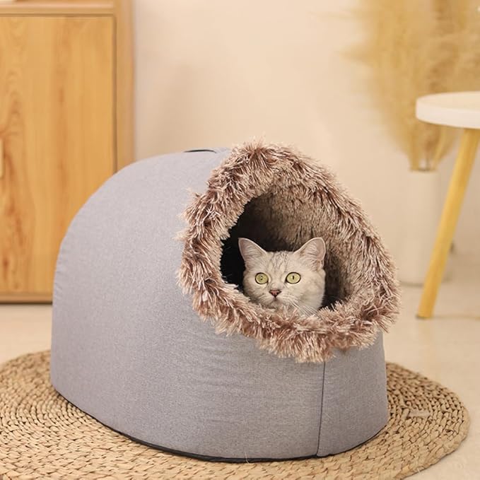 Plush Cat Cave Bed for Indoor Cats & Small Dogs - Fluffy Covered Pet House, Self-Warming Removeble Dog Bed with Anti-Slip Bottom, Washable Cat Hideaway Hut (Gray,Medium)
