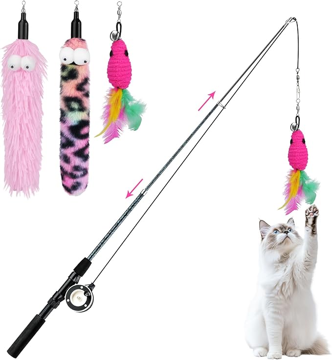Pawaboo Cat Teaser Wand Toys, Cat Fishing Pole Toy with 3 Pack Feather Refills, 3-Section Retractable Kitten Feather Toys with Pulley, Indoor Cats Teaser Catcher Exerciser with Bell, Rose Red + Pink