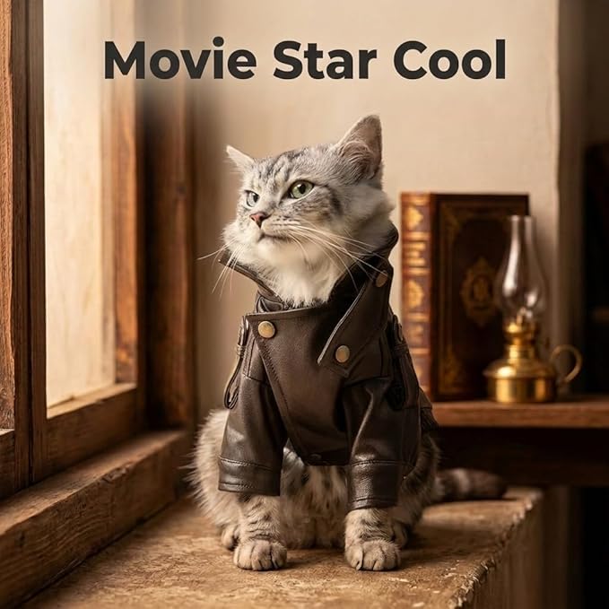 Cat Leather Jacket Motorcycle Style Pet Coat with Metal Buttons Shoulder Straps for Cats Small Dogs Warm Fall Winter Outfit (M)