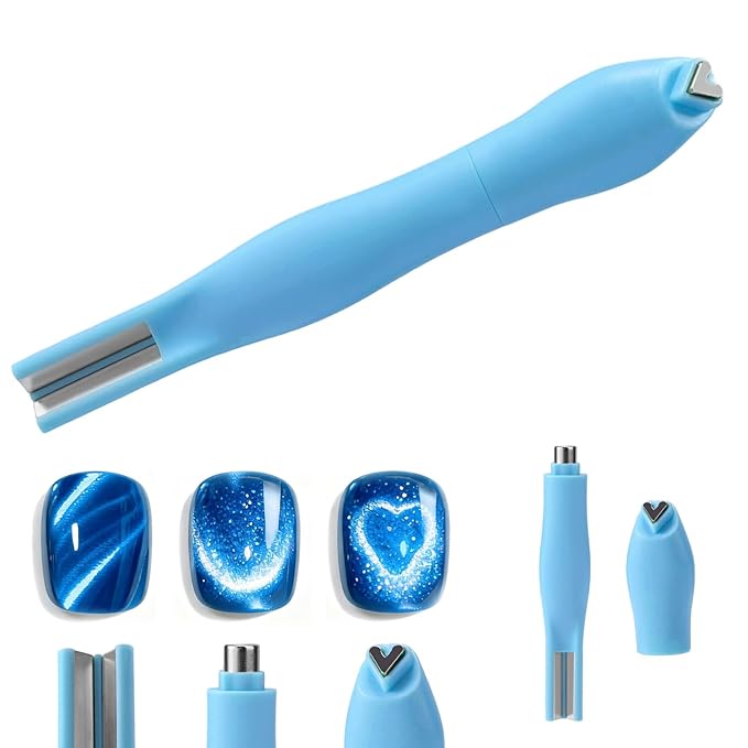 3 in 1 Cat Eye Nail Magnet, Multifunctional Magnet Nails Art Design Tools, Cat Eye Gel Polish Magnetic Pen Line & Heart Shaped Round Accessories for Home DIY Salon Studio (Blue)