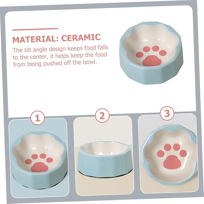 Ceramic Slanted Pet Bowl with Blue Animal Paw Design, Tilted Dog and Cat Food Dish for Feeding and Watering, Small Size Pet Feeder Suitable for Cats and Small Dogs