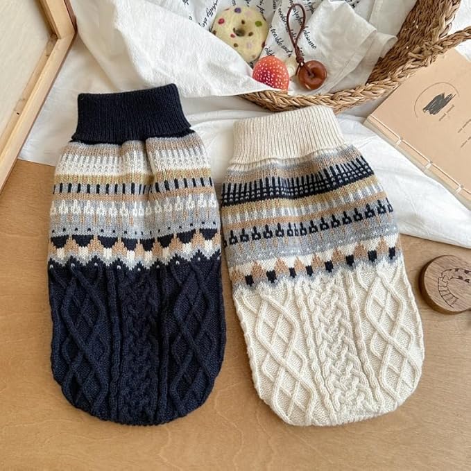 Knit Dog Sweater Turtleneck Cat Cold Weather Pullover Pet Vintage Cable Thick Warm Winter Clothes for X Small Dogs Cats Medium Pug Dachshund Yorkie (Beige, Small)