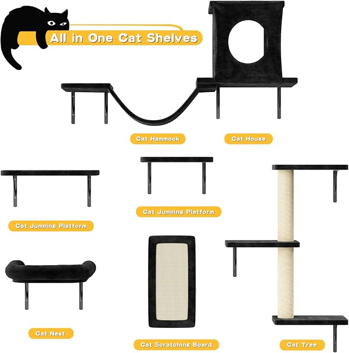NUNU LAB Wall Mounted Cat Climber Set, 6 Pcs Cat Furniture Set with House, Bridge, Steps, Scratcher Board and Hammock, Shelves for Indoor, Luxury Walls Furniture, Black