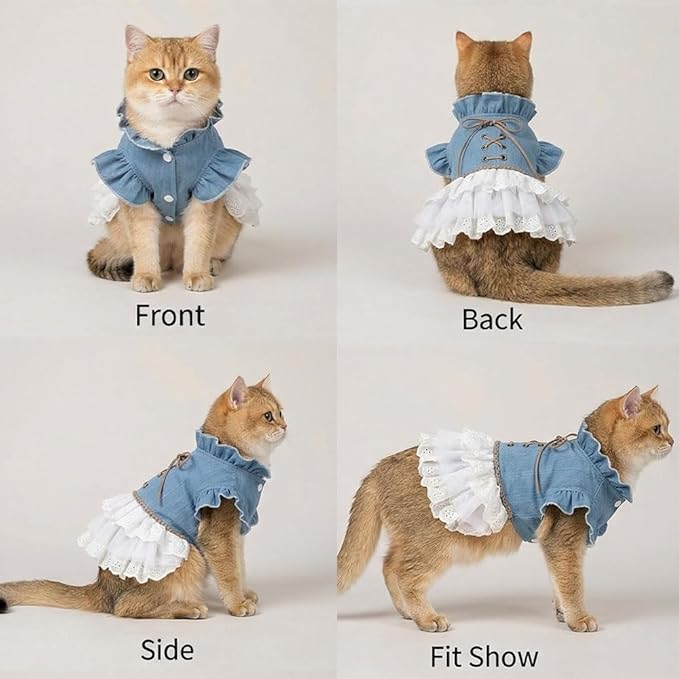Dog Denim Dress for Small Dogs and Cats, Flared Sleeves Retro Cake Skirt Puppy Clothes, Elegant Pet Apparel for Daily Wear, Parties, Photo Shoots (Blue-Denim, X-Small)