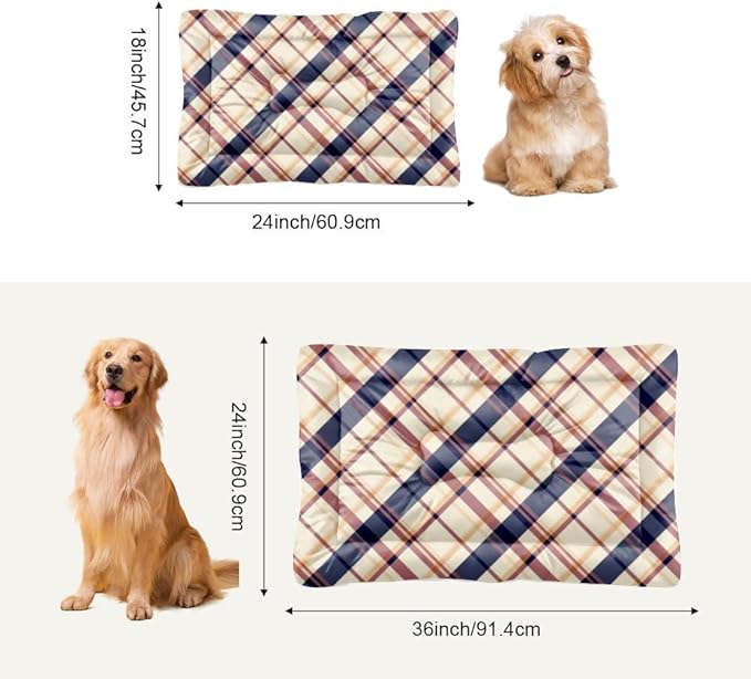 Cream Beige Plaid Kennel Mat Non Slip Bottom Washable Dog Beds Cozy Soft Outdoor Dog Pad Travel Accessories Printed Cage Mat Gift Reusable Bed 24× 18 Inch Indoor Outdoor