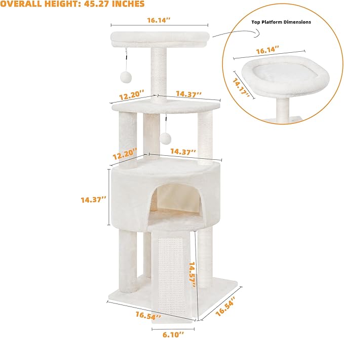 HUITREE 45in Cat Tree Tower with Big Condo for Indoor Kitten,Cat Tower with Scratching Post,Scratching Board and Cat Toys,Multi-Level,Small Space,Transformer Cat Tree, Beige(New)
