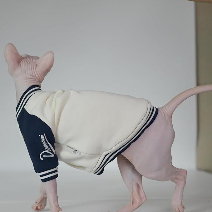 Fashion Warm Soft Thick Cat Winter Clothing, Soft Baseball Style Shirt for Sphynx, Devon, Cornish, Kitten, Hairless, Abyssinian, Small Cats (Blue, Medium)