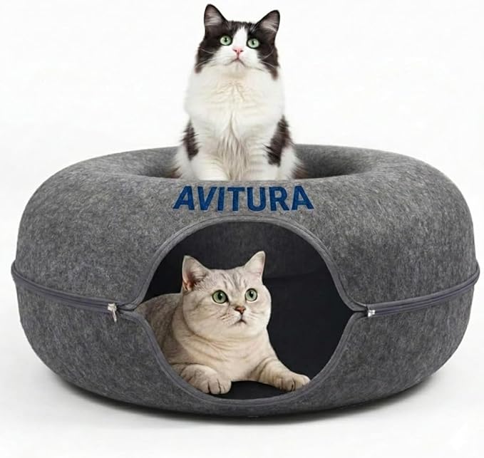 AVITURA Peekaboo Cat Cave - Large Cat Tunnel Bed for Indoor Cats up to 30lbs, Durable Felt Cats Donut Cave & Interactive Scratch Resistant Hideaway, Detachable Zippered Kitty Bed & Pet Cave, Dark Grey