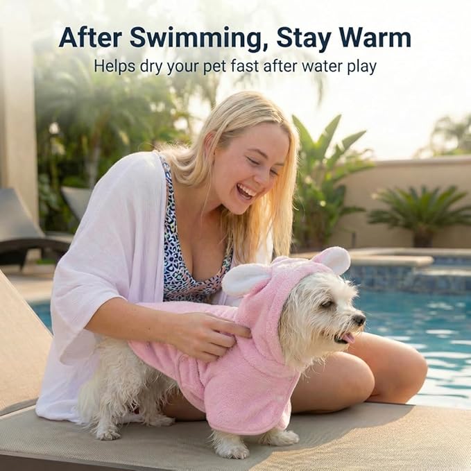 Dog Bathrobe Super Absorbent Towel for Small Dogs Cats Fast Drying Dog Robe Coat with Hood Puppy Cat Bath Towel Wrap Pet Grooming Supplies After Shower (Light Pink,XS)