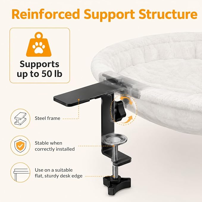 Desk Cat Hammock Bed, 360° Rotation Clamp-On Pet Perch for Home Office & Gaming Desks, No-Drill Space-Saving Cat Bed, 16.5" Round Supports 50 lbs, Includes Soft Washable Pad