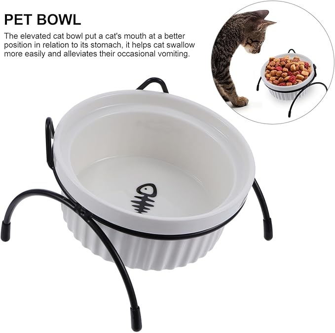 Ceramic Cat Food Bowl with Iron Stand Raised Pet Feeder for Neck Protection White Fishbone Bowl and Black Cat Ear Rack 2pcs